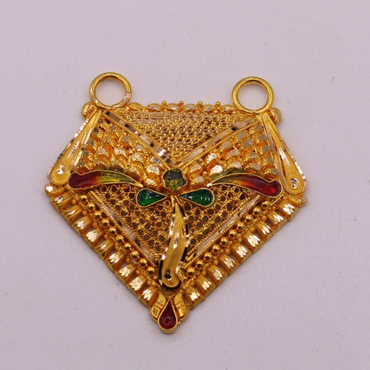 22KT yellow gold handmade filigree pendant by TRIBAL ORNAMENTS, featuring intricate Indian wedding and party jewelry design.