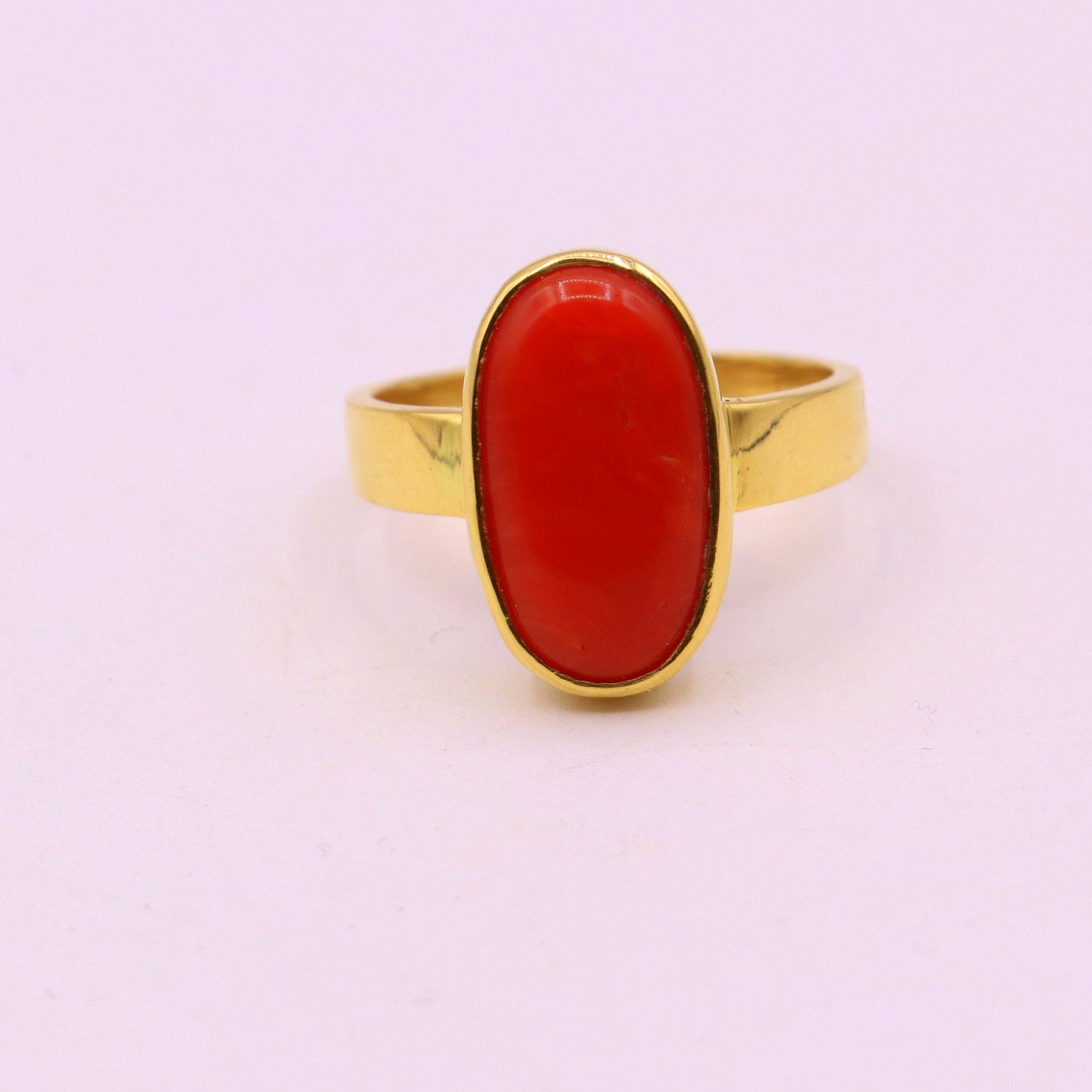 22karat yellow gold handmade real red coral stone unisex ring fabulous band from rajasthan india - TRIBAL ORNAMENTS