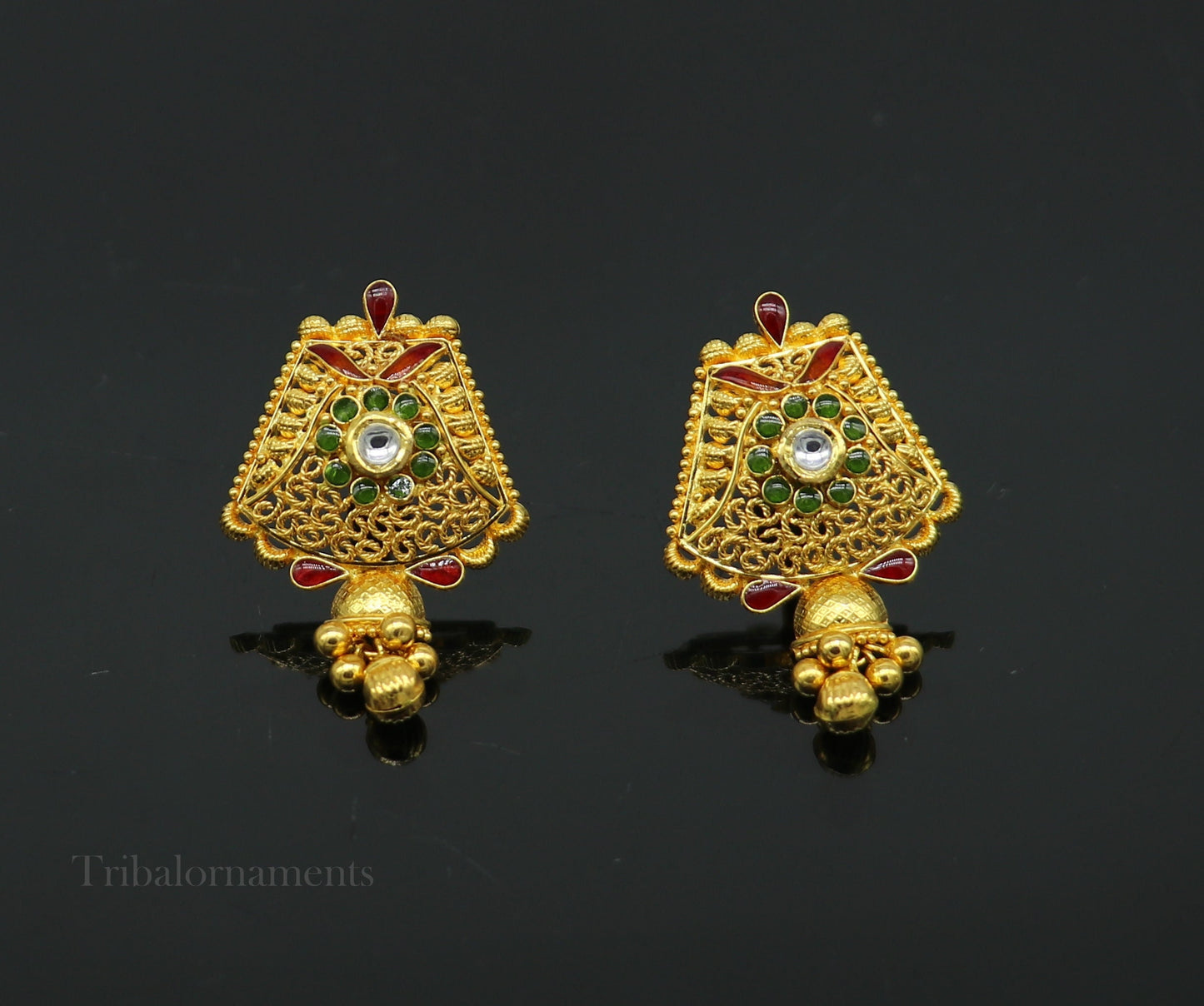 22KT yellow gold handmade filigree stud jhumka earrings with intricate Kundan work, perfect for bridal or wedding jewelry.