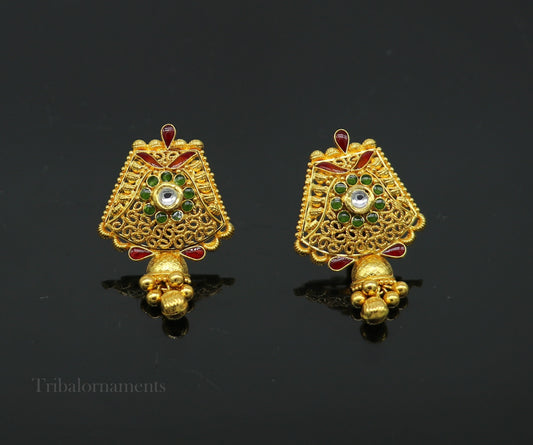 22KT yellow gold handmade filigree stud jhumka earrings with intricate Kundan work, perfect for bridal or wedding jewelry.