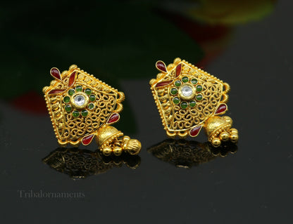 22KT yellow gold handmade filigree stud jhumka earrings with Kundan work, perfect for bridal wedding jewelry and gifting.