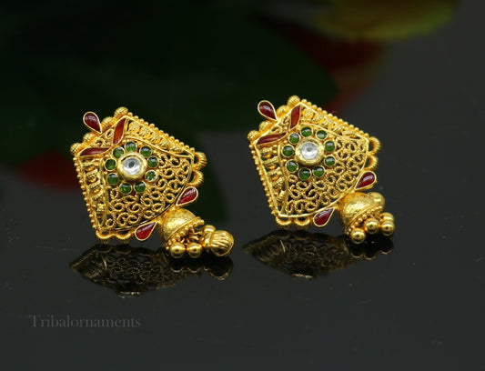 22KT yellow gold handmade filigree stud jhumka earrings with Kundan work, perfect for bridal wedding jewelry and gifting.