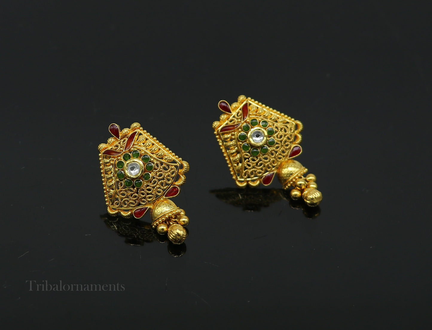 22KT yellow gold handmade filigree stud jhumka earrings with Kundan detailing, traditional bridal jewelry from TRIBAL ORNAMENTS
