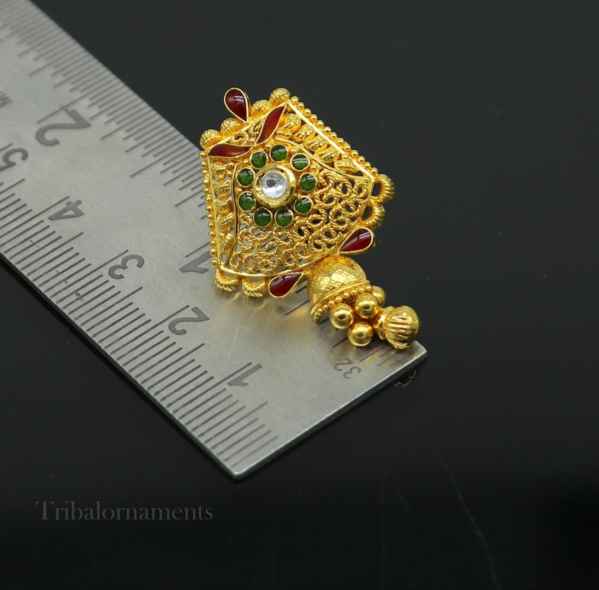 22KT yellow gold handmade filigree stud jhumka earrings with Kundan detailing, traditional bridal jewelry by TRIBAL ORNAMENTS.