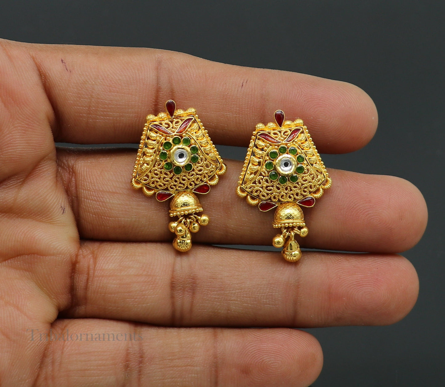 22KT yellow gold handmade filigree stud jhumka earrings with Kundan detailing, perfect for bridal wedding jewelry.