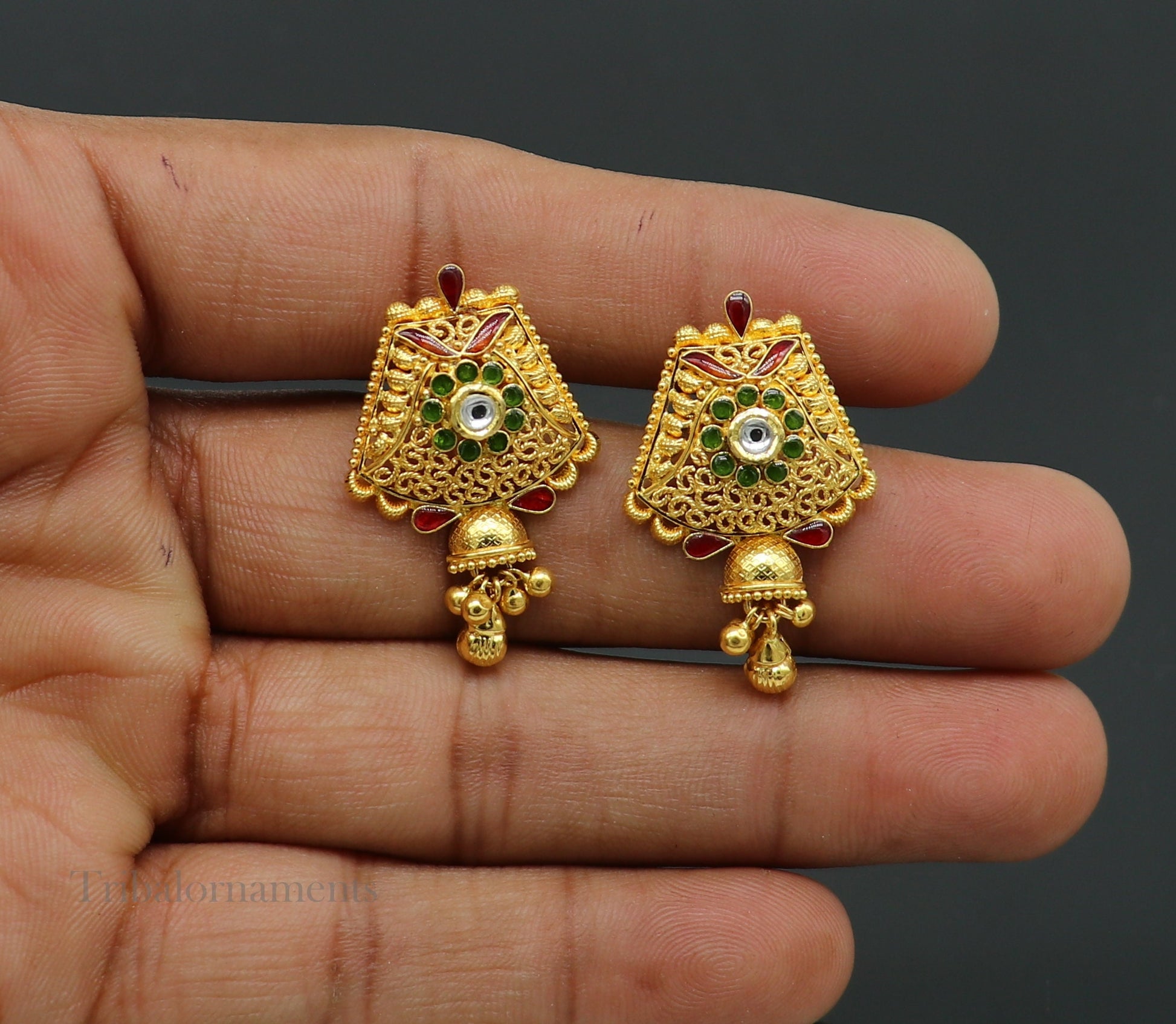 22KT yellow gold handmade filigree stud jhumka earrings with Kundan detailing, perfect for bridal wedding jewelry.