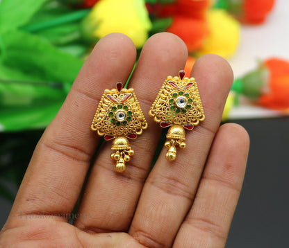 22KT yellow gold handmade filigree stud jhumka earrings with Kundan work, perfect for bridal and wedding jewelry.