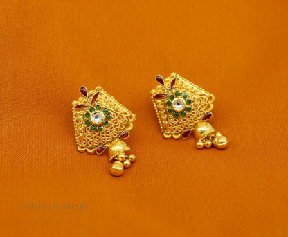 22KT yellow gold handmade filigree stud jhumka earrings with Kundan work, ideal for bridal and wedding jewelry.