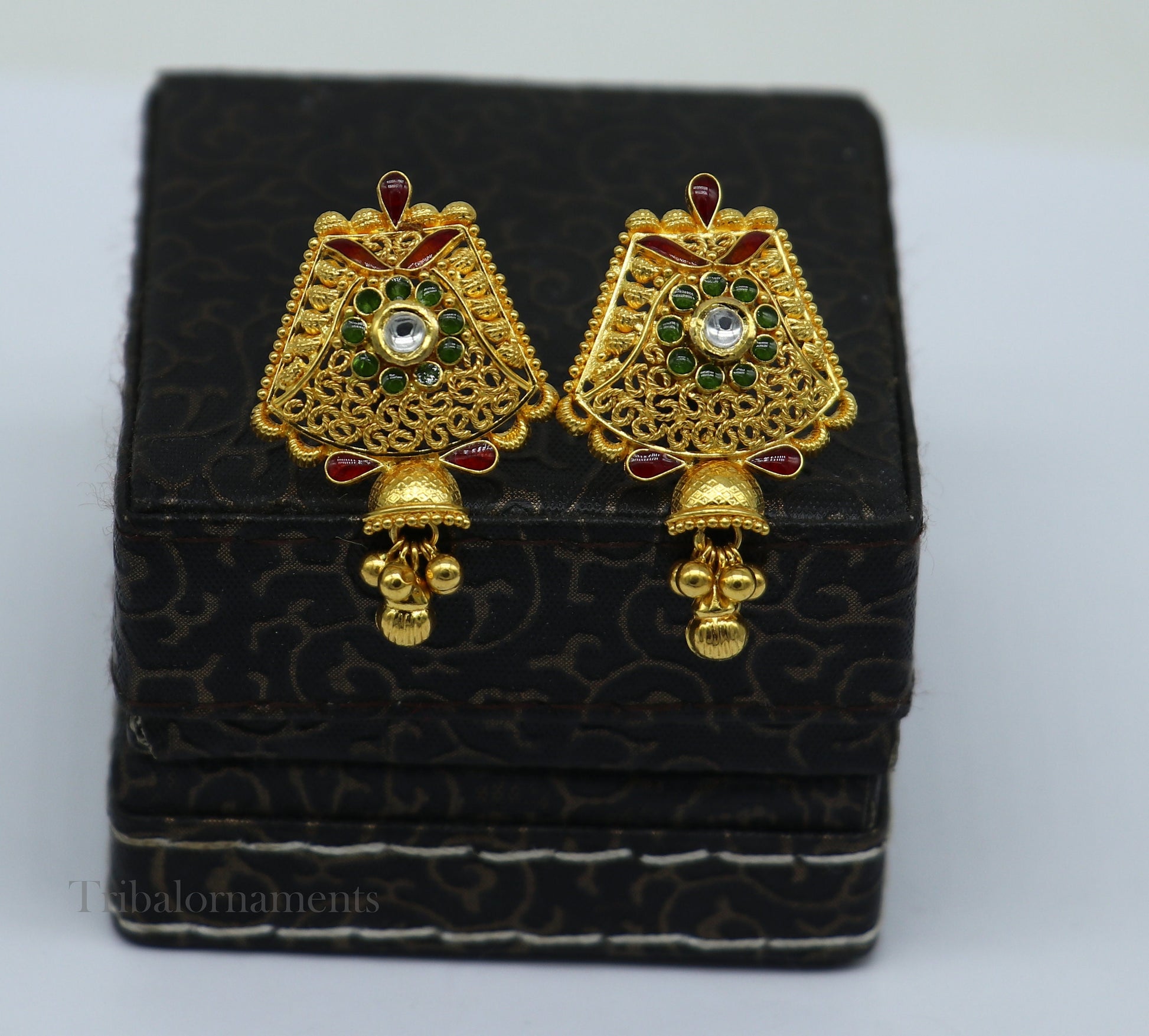 22KT yellow gold handmade filigree stud jhumka earrings with Kundan work, perfect for bridal wedding jewelry.