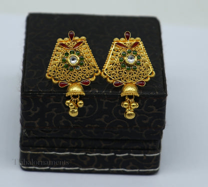 22KT yellow gold handmade filigree stud jhumka earrings with Kundan work, perfect for bridal wedding jewelry.