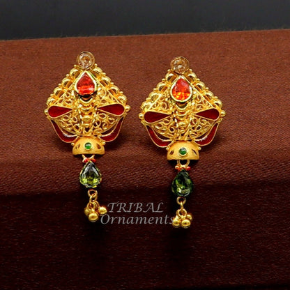 22kt yellow gold handmade traditional stud earring with intricate filigree work, showcasing ethnic jewelry craftsmanship.