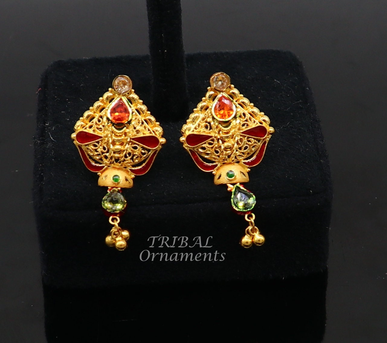 22kt or 22ct yellow gold handmade traditional cultural fashionable stud earring amazing filigree work ethnic jewelry er167 - TRIBAL ORNAMENTS