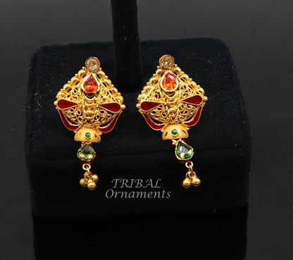 22kt yellow gold handmade traditional stud earring with intricate filigree work, ethnic jewelry by TRIBAL ORNAMENTS.