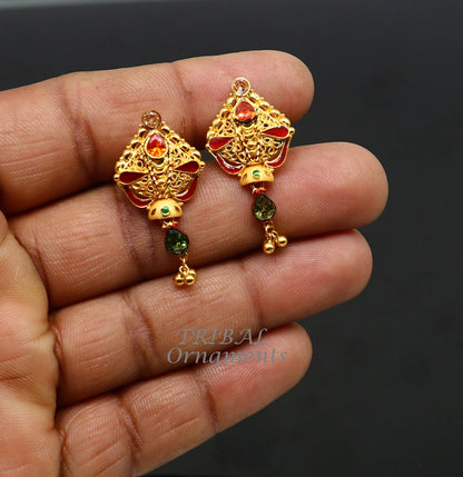 22kt yellow gold handmade traditional stud earring with intricate filigree work, showcasing ethnic jewelry craftsmanship.