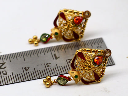 Handmade 22kt yellow gold traditional stud earring with intricate filigree work and ethnic design by TRIBAL ORNAMENTS.