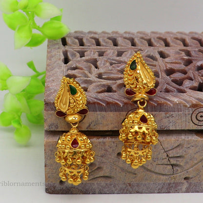 22KT yellow gold filigree work stud jhumki earrings by Tribal Ornaments, showcasing intricate craftsmanship for bridal or festive wear.