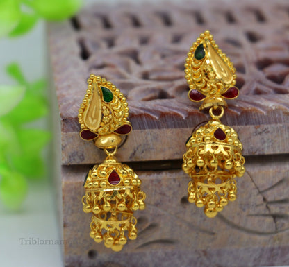 22KT yellow gold filigree work stud jhumka earrings by TRIBAL ORNAMENTS, featuring intricate design perfect for bridal or gift purposes.