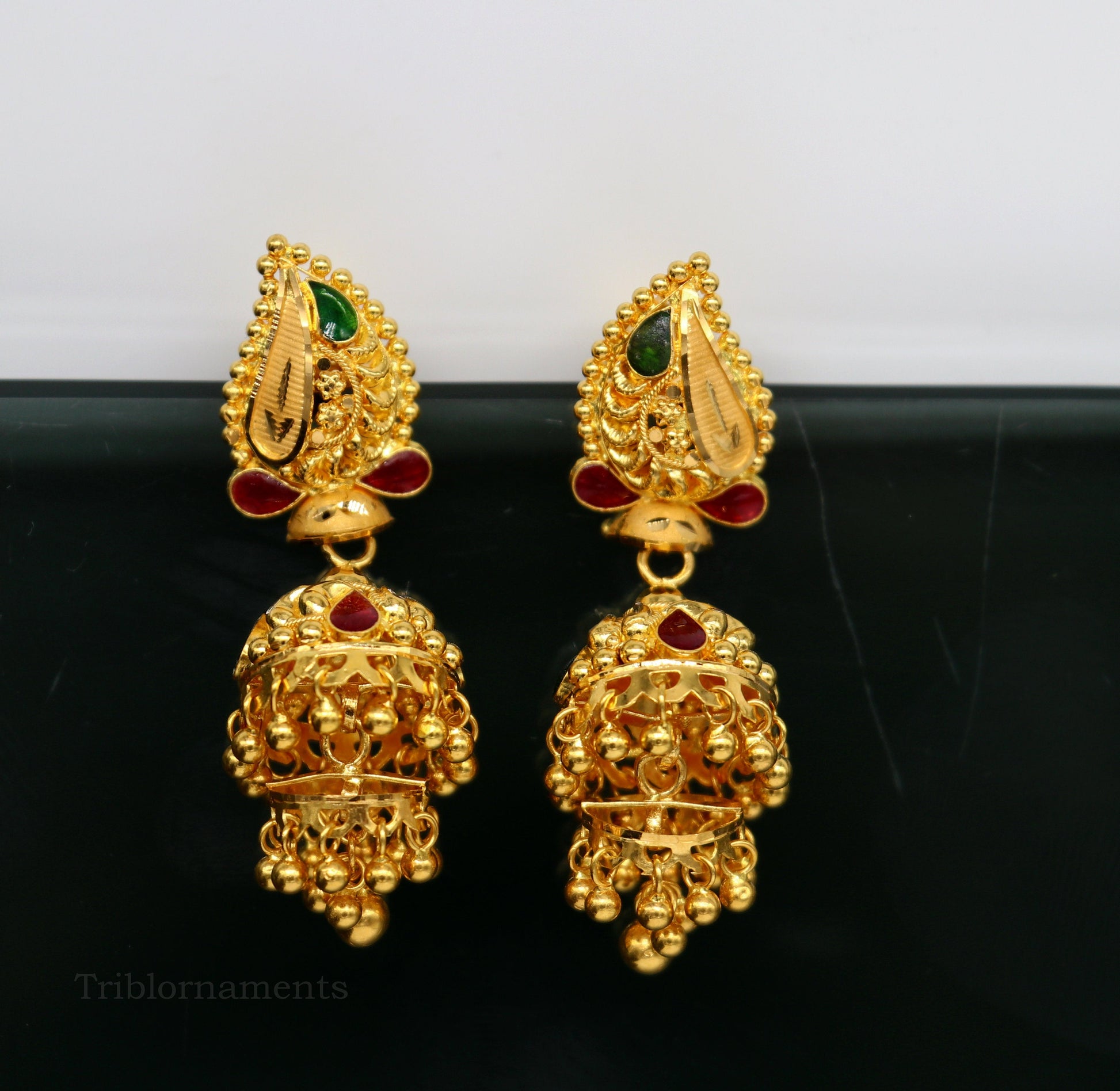 22kt yellow gold customized filigree work stud earring jhumki, amazing stunning brides jhumka earring best gifting earrings er128 - TRIBAL ORNAMENTS