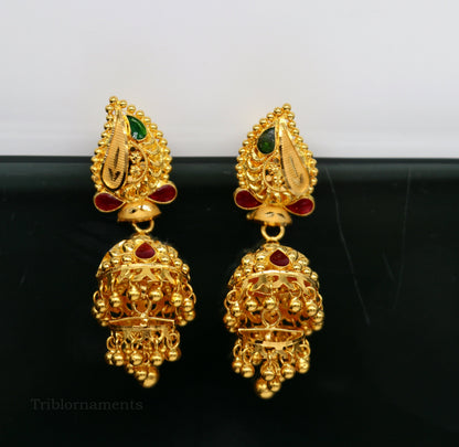 22KT yellow gold customized filigree stud jhumka earrings with intricate design, perfect for bridal wear or special occasions.