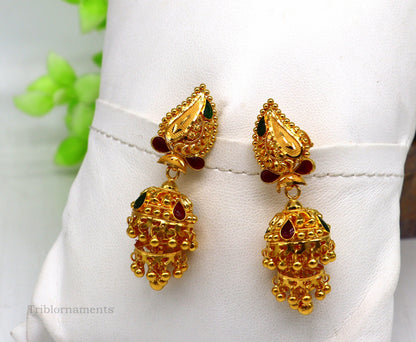 22KT yellow gold filigree stud jhumka earrings by Tribal Ornaments, with intricate design, perfect for bridal or traditional occasions.