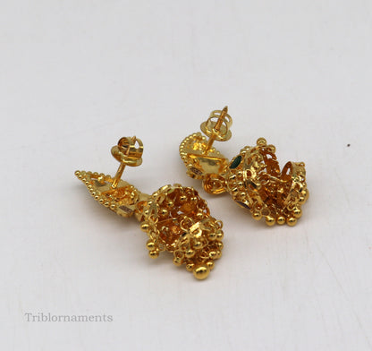 22KT yellow gold customized filigree work stud jhumki earrings featuring intricate design, perfect for bridal jewelry and gifting.