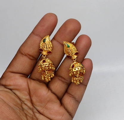 22KT yellow gold customized filigree stud jhumka earrings with intricate design, ideal for bridal wear and special occasions.
