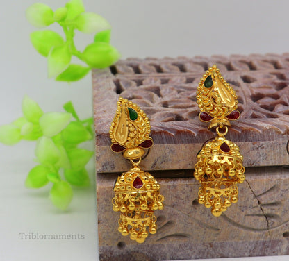 22KT yellow gold customized filigree stud jhumki earrings by Tribal Ornaments featuring intricate bridal design.