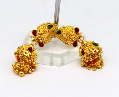 22KT yellow gold tribal filigree stud jhumki earrings with intricate design, perfect for bridal wear or gifting by TRIBAL ORNAMENTS.