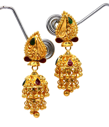 22KT yellow gold customized filigree stud jhumki earrings with intricate tribal design, perfect bridal jewelry from Tribal Ornaments.