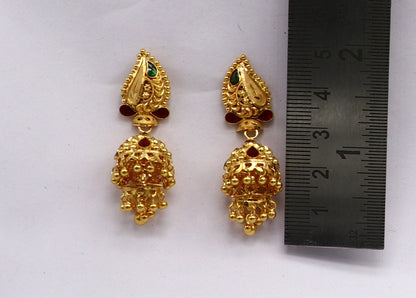 22KT yellow gold filigree work stud jhumki earrings by Tribal Ornaments, featuring intricate bridal design and elegant craftsmanship.