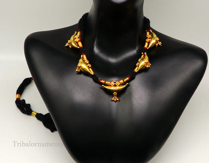 22kt yellow gold customized vintage tribal choker necklace, best gift ethnic necklace worn by tribal people of Rajasthan india  set74 - TRIBAL ORNAMENTS