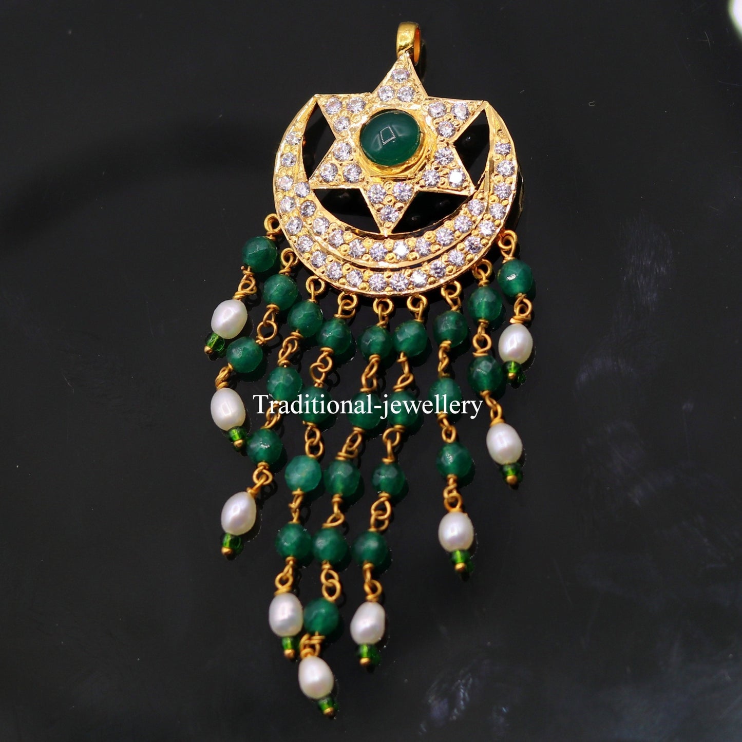 22Kt yellow gold fabulous handmade vintage style designer jadau stone pendant moon and star design pendant necklace - TRIBAL ORNAMENTS