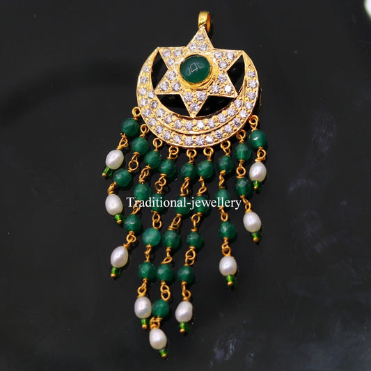 22Kt yellow gold fabulous handmade vintage style designer jadau stone pendant moon and star design pendant necklace - TRIBAL ORNAMENTS