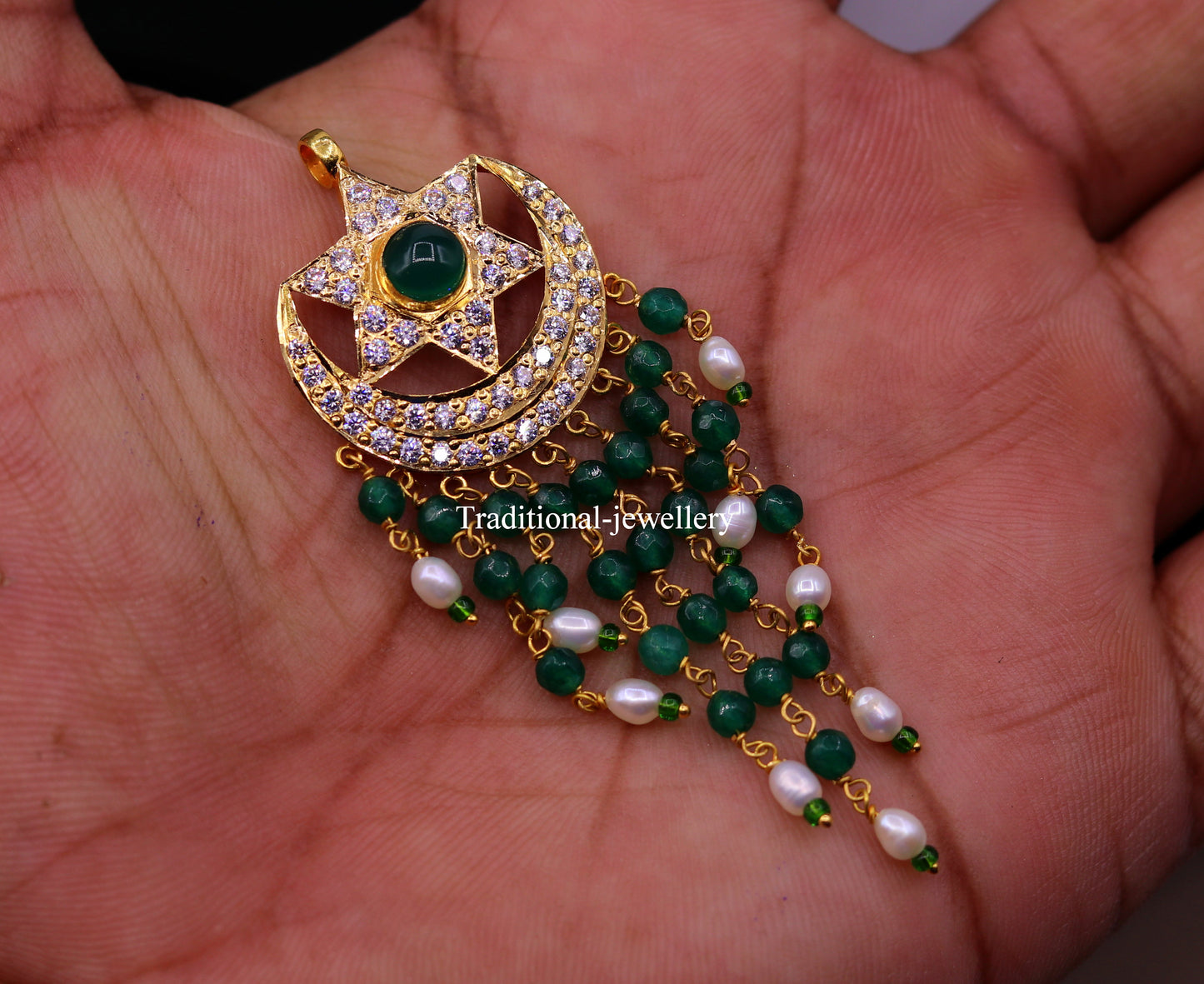 22Kt yellow gold fabulous handmade vintage style designer jadau stone pendant moon and star design pendant necklace - TRIBAL ORNAMENTS