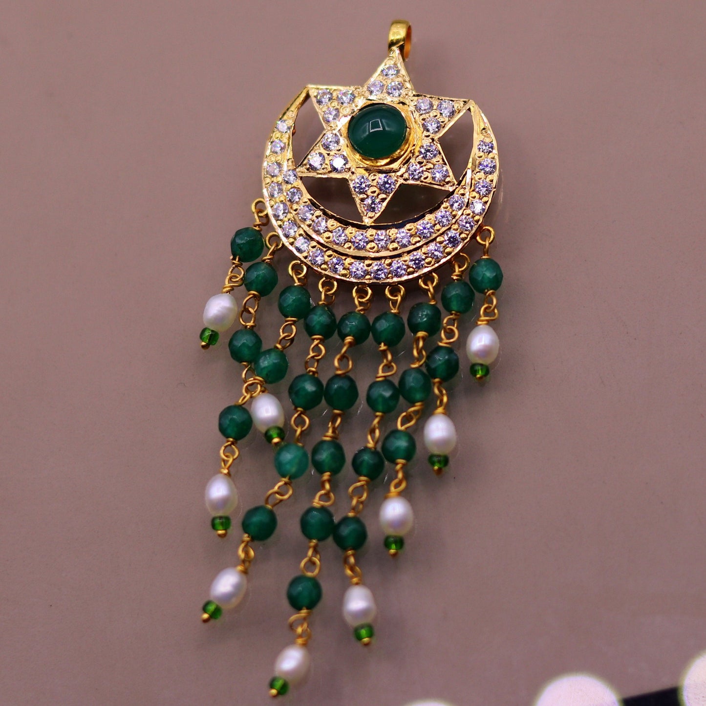 22Kt yellow gold fabulous handmade vintage style designer jadau stone pendant moon and star design pendant necklace - TRIBAL ORNAMENTS