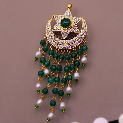 22KT yellow gold handmade vintage Jadau moon and star pendant on designer drop necklace, crafted by TRIBAL ORNAMENTS.