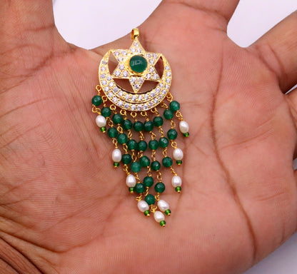 22KT yellow gold handmade vintage Jadau moon and star pendant on designer drop necklace, detailed jewelry with intricate craftsmanship.