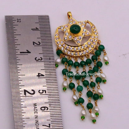 22KT yellow gold vintage Jadau moon and star pendant on designer drop necklace, handmade tribal jewelry with intricate detailing.