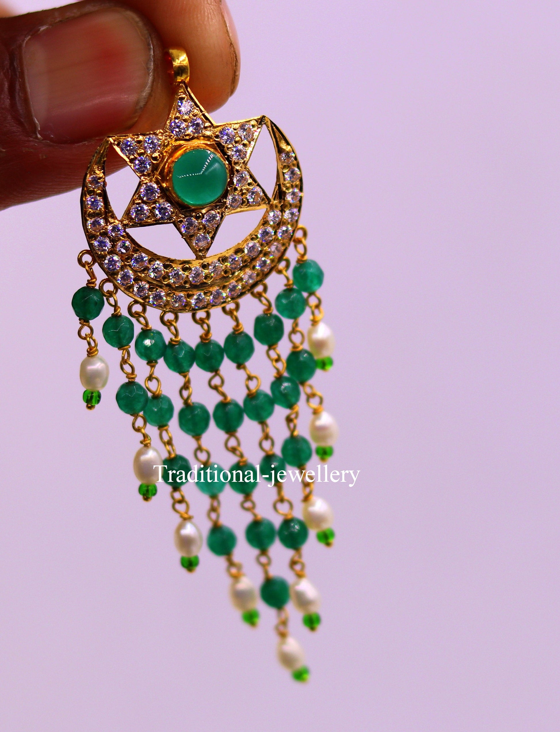 22Kt yellow gold fabulous handmade vintage style designer jadau stone pendant moon and star design pendant necklace - TRIBAL ORNAMENTS