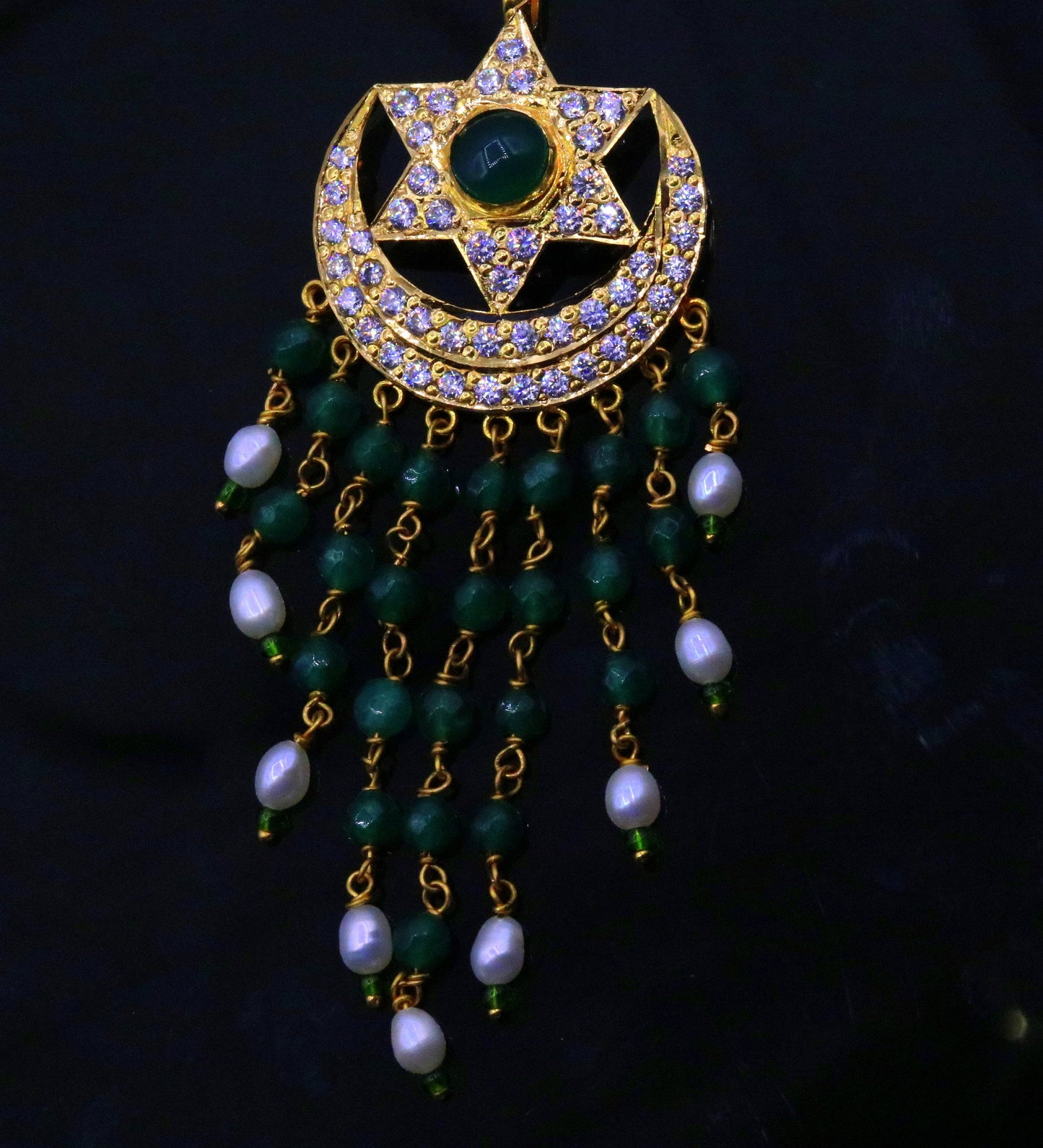 22Kt yellow gold fabulous handmade vintage style designer jadau stone pendant moon and star design pendant necklace - TRIBAL ORNAMENTS