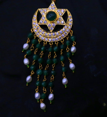 22KT yellow gold handmade vintage Jadau moon and star pendant on designer drop necklace, tribal ornaments jewelry.