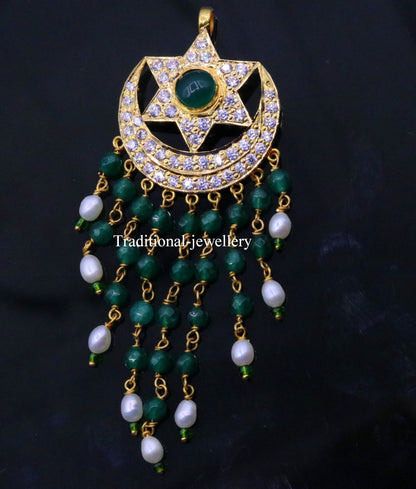 22KT yellow gold handmade vintage Jadau moon and star pendant on designer drop necklace, detailed gold jewelry by TRIBAL ORNAMENTS