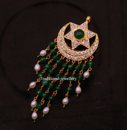 22KT yellow gold handmade vintage Jadau moon and star pendant on designer drop necklace, Tribal Ornaments jewelry.
