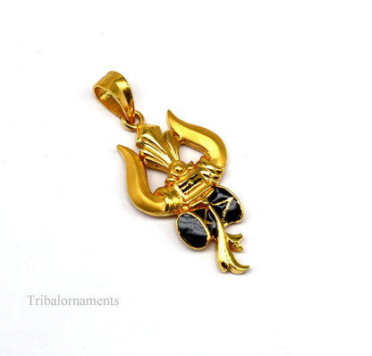 22KT yellow gold handmade Lord Shiva Trishul pendant, unisex jewelry with customized trident design from TRIBAL ORNAMENTS.