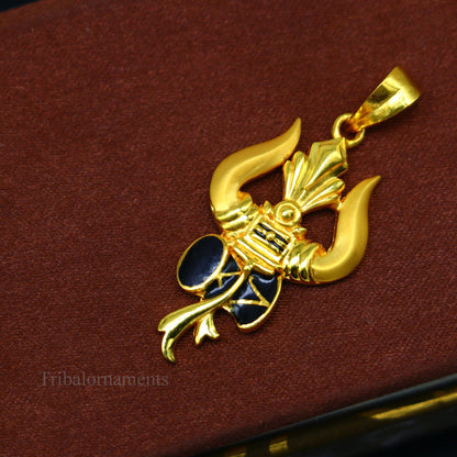22KT yellow gold handmade Lord Shiva Trishul pendant, unisex jewelry with customized trident design by TRIBAL ORNAMENTS.