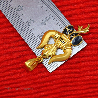 22KT yellow gold handmade Lord Shiva Trishul pendant, customized unisex jewelry with intricate trident design by TRIBAL ORNAMENTS.