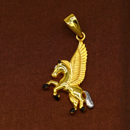 22KT yellow gold handmade Pegasus unicorn pendant by TRIBAL ORNAMENTS, featuring intricate design and enchanting jewelry craftsmanship.