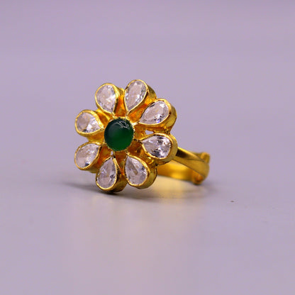 22KT yellow gold handmade flower-shaped adjustable ring by TRIBAL ORNAMENTS, showcasing simple elegant Indian jewelry design.
