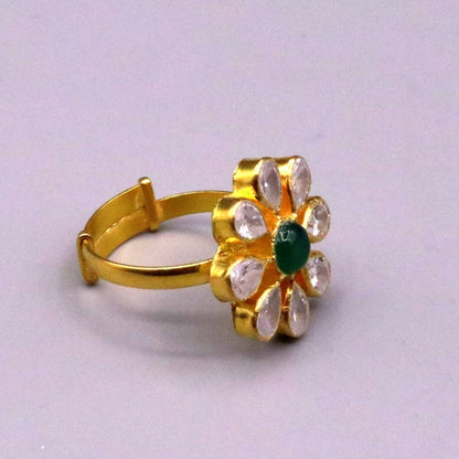 22KT yellow gold handmade adjustable flower shape ring from TRIBAL ORNAMENTS, featuring simple elegant Indian jewelry design.