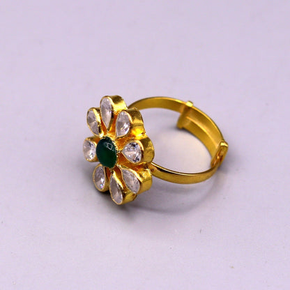 22KT yellow gold handmade flower-shaped adjustable ring from TRIBAL ORNAMENTS showcasing simple, elegant Indian jewelry design.